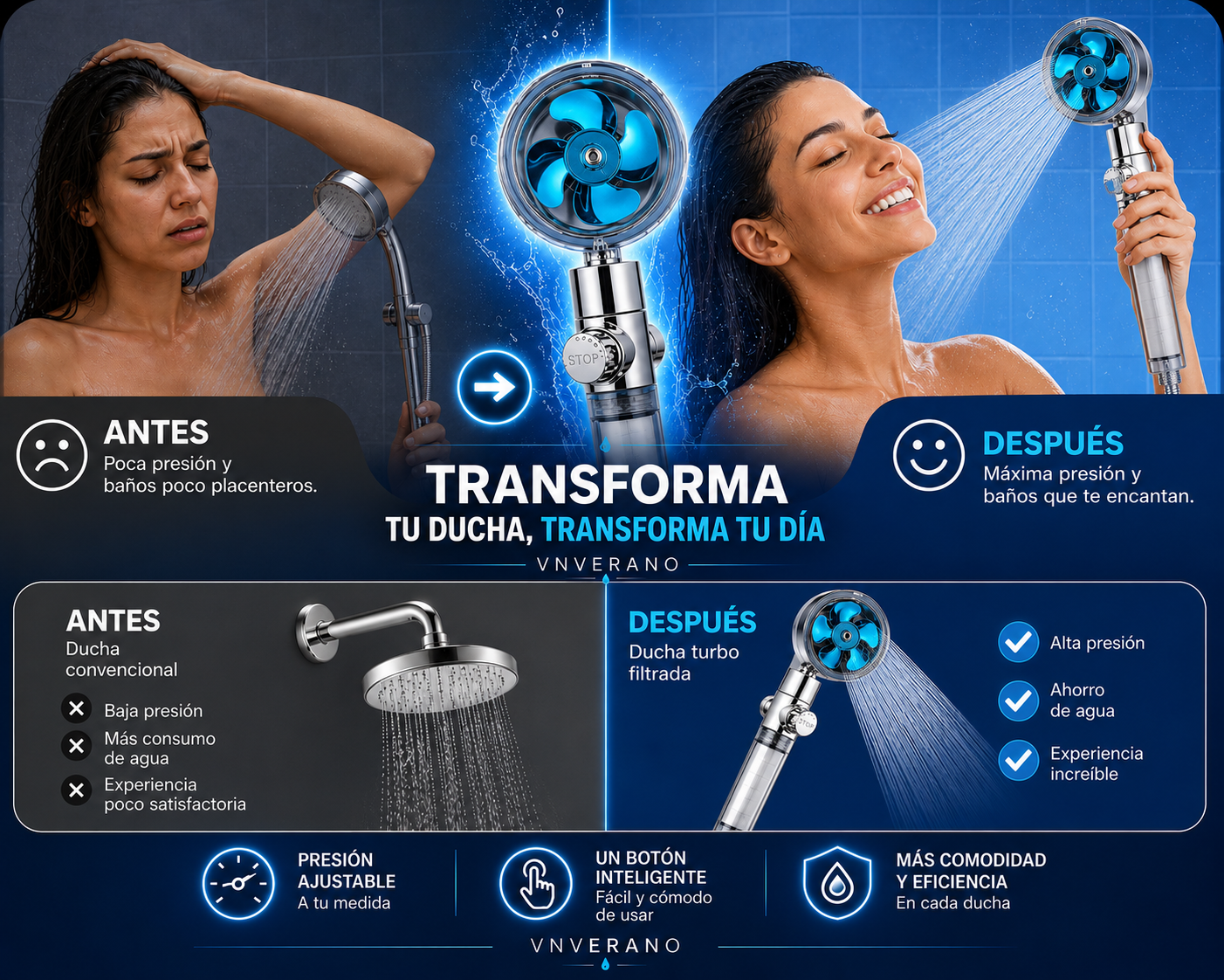 Cabezal de Ducha Turbo 360° de Alta Presión con Filtro Ahorrador de Agua