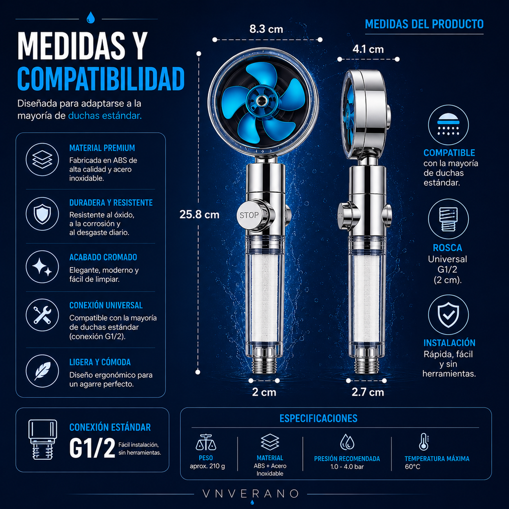 Cabezal de Ducha Turbo 360° de Alta Presión con Filtro Ahorrador de Agua