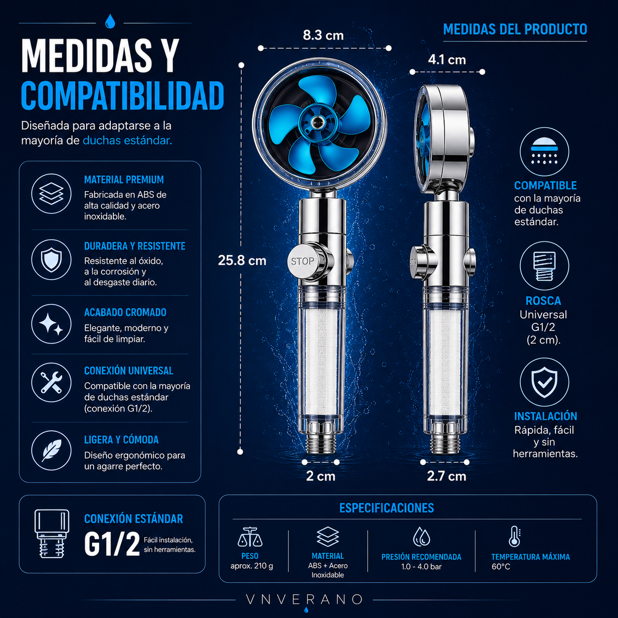Cabezal de Ducha Turbo 360° de Alta Presión con Filtro Ahorrador de Agua