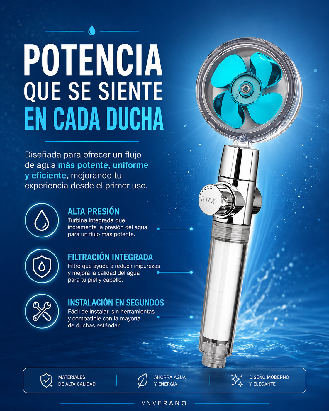 Cabezal de Ducha Turbo 360° de Alta Presión con Filtro Ahorrador de Agua
